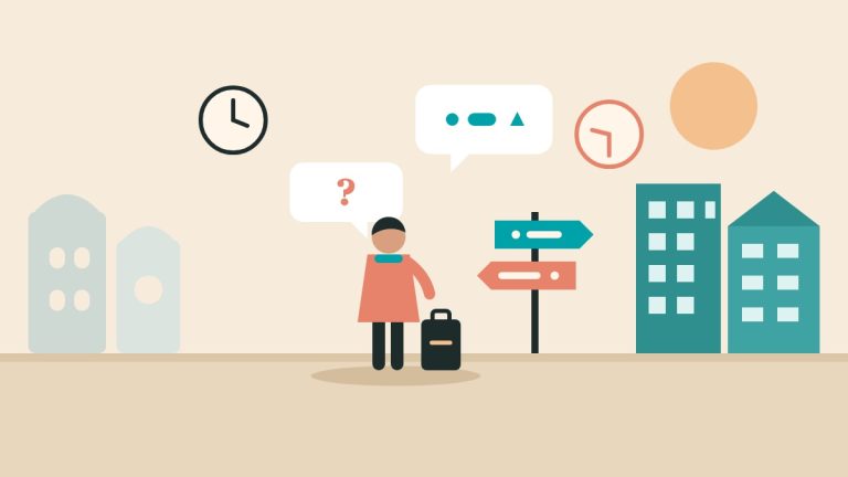 Ilustración: persona con su maleta ante relojes, señales y códigos de un país nuevo