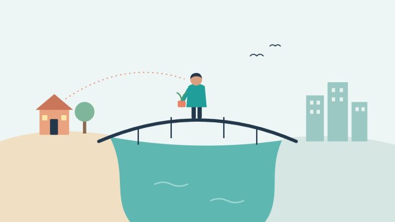 Ilustración del duelo migratorio: una persona en un puente entre su casa de origen y una nueva ciudad