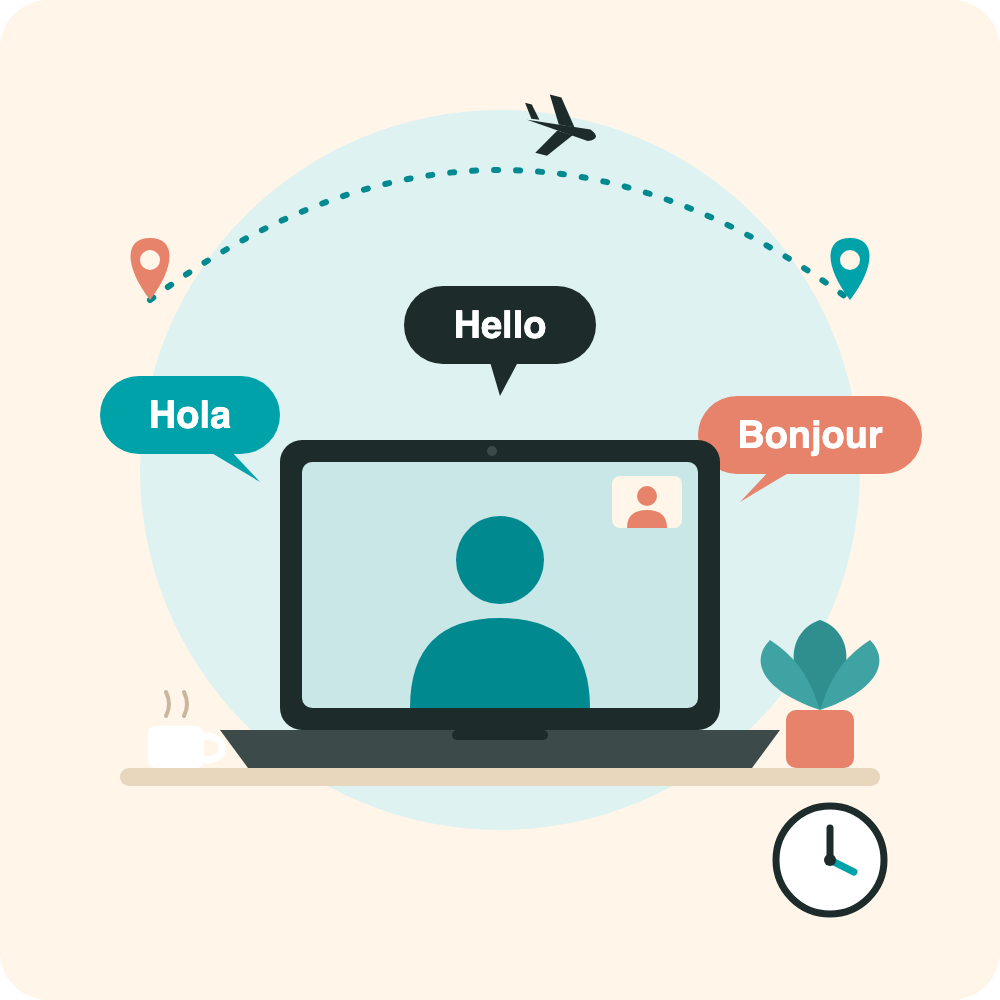 Illustration: online therapy by video call in English, French and Spanish